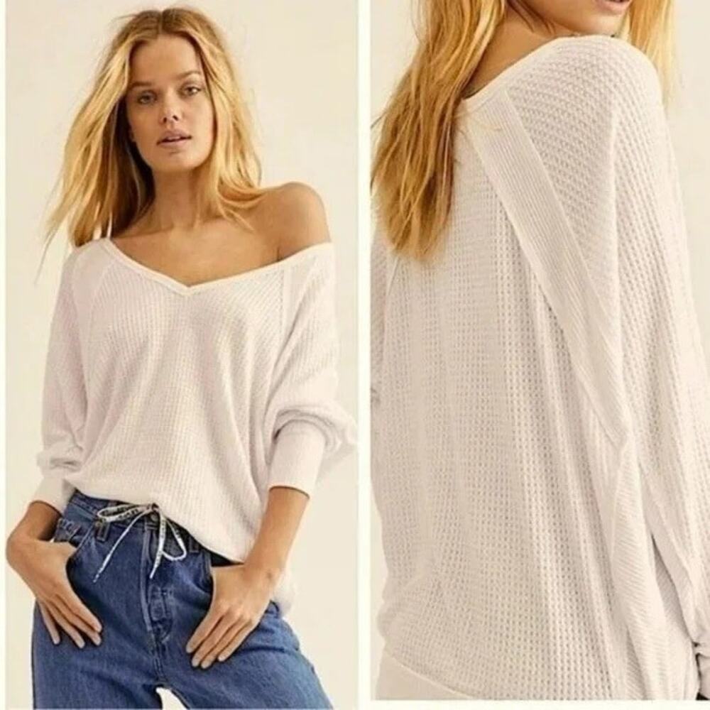 Free People We The Free Santa Clara Thermal‎ Toasted Oats Medium Slouchy V-Neck